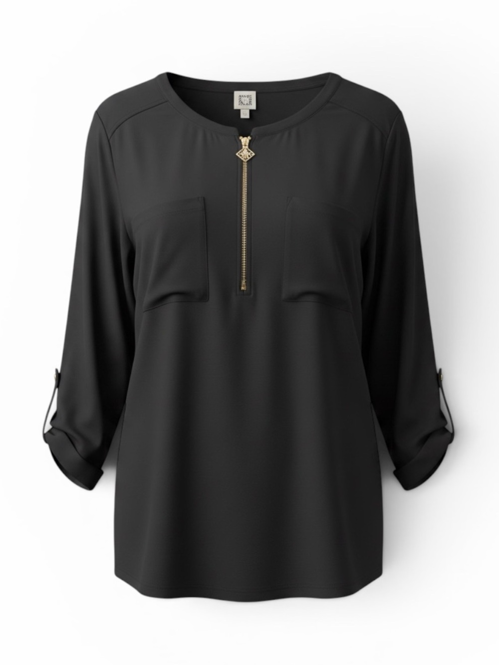 NWOT Anne Klein Half Zip Black Blouse with 2 Chest Pockets & Gold-Tone Insignia